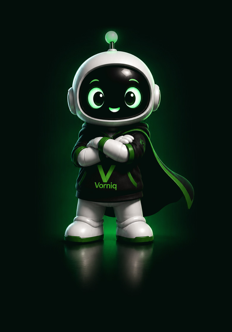 Vorniq, a small white robot with glowing green eyes, arms crossed, wearing a Vorniq hoodie and a green cape